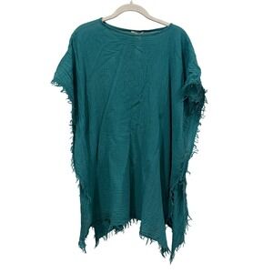 Eileen‎ Fisher Organic Cotton Gauze Kaftan Tunic Top OS Kimono Teal Distressed